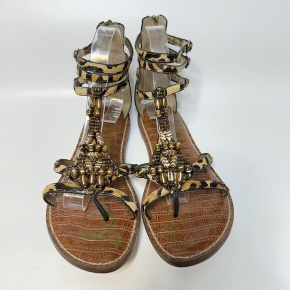 SAM EDELMAN Giada Embellished Gladiator Sandals Beaded Leopard Pony Hair Sz 8.5 - Picture 4 of 11